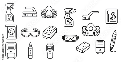 Collection of cleaning supplies and tools. Concept of organization and cleanliness