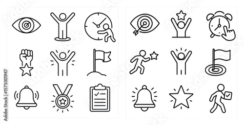 Set of icons that represent different aspects of success and achievement. The icons include a person holding a flag, a person holding a star, a person holding a bell, and a person holding a book