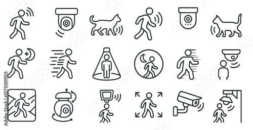 Series of icons depicting various security measures, including cameras, motion detectors, and security guards. The icons are arranged in a grid, with some overlapping and others standing alone