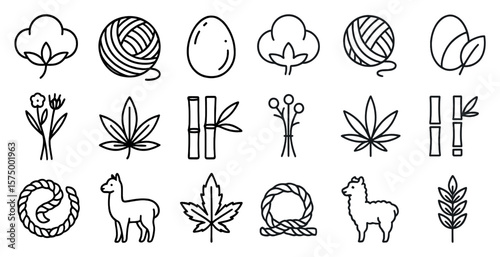 Collection of black and white icons, including a sheep, a leaf, and a needle. The icons are arranged in a grid, with some overlapping each other