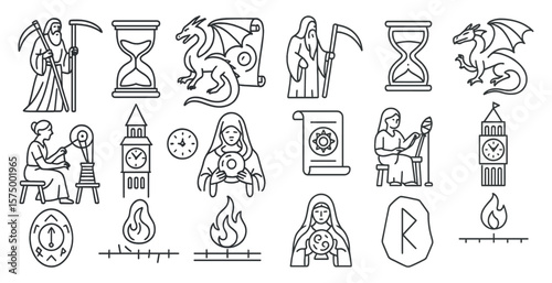 Collection of symbols and icons, including a clock, a dragon, a skeleton, and a woman holding a crystal ball