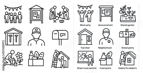 Set of icons depicting various activities and objects related to home improvement and gardening. The icons include a man fixing a roof, a person painting a wall, a person working on a house