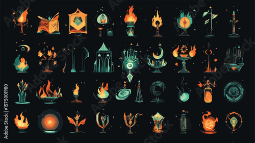 Bundle of Magic Sorcery Set Icons Flat Vector