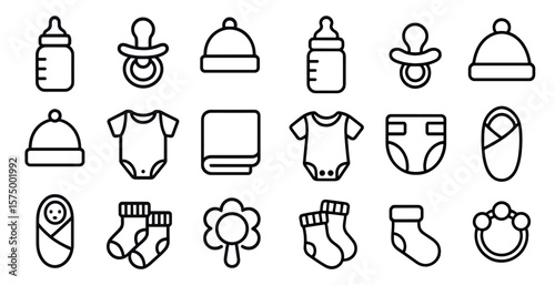 Collection of baby items including a bottle, blanket, and hat. The items are all drawn in black and white