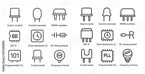The image displays a variety of electronic components and their corresponding names. These components include resistors, capacitors, diodes, transistors, and many others