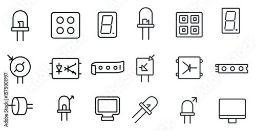 Collection of electronic components and devices are shown in a black and white style. The icons include a light bulb, a clock, a computer monitor, and a keyboard. Scene is one of technology