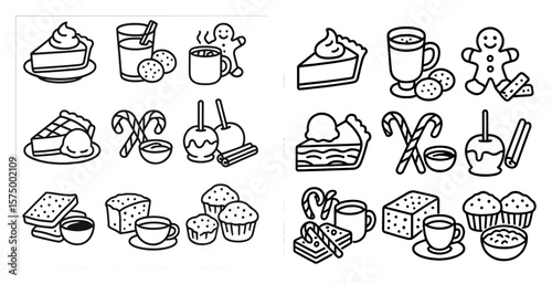 The image is a collection of food items and beverages, including cakes, pies, muffins, and coffee