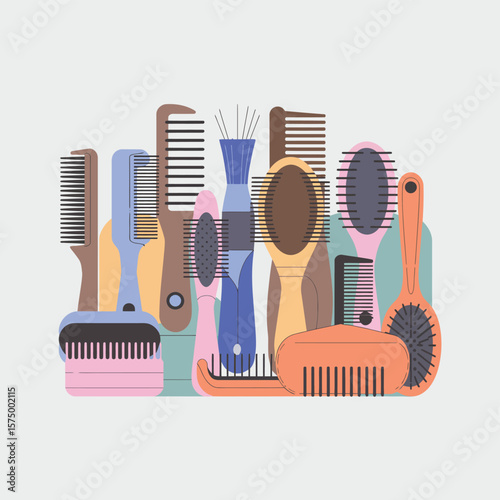 Collection of colorful hair brushes and combs arranged artistically