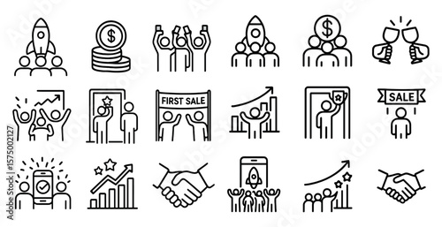 Series of black and white icons depicting various business and financial concepts. The icons include a rocket, a dollar sign, a handshake, a first sale sign, and a group of people