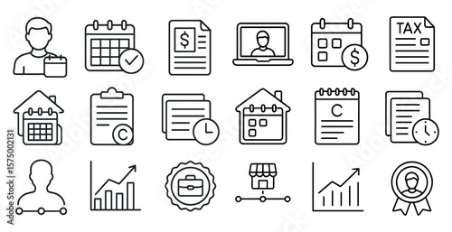 Collection of various icons, including a house, a laptop, a clock, and a dollar bill. These icons are arranged in a grid-like pattern, with some overlapping and others standing alone