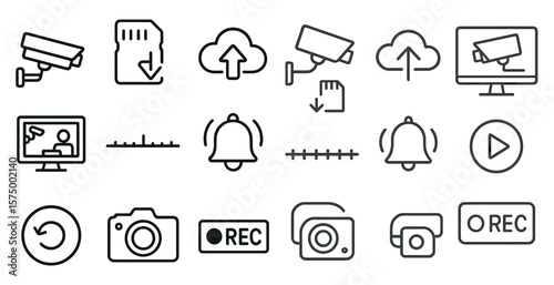 Set of icons for a computer program. The icons include a camera, a bell, a record button, and a video icon