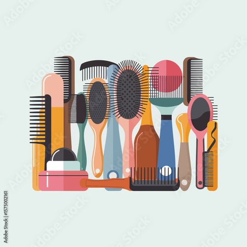 Collection of colorful flat design hair brushes and combs arranged together