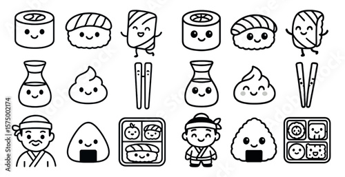 Collection of cartoonish food items, including sushi, ramen, and bento boxes. Scene is lighthearted and playful, with the characters appearing to be having fun and enjoying their food