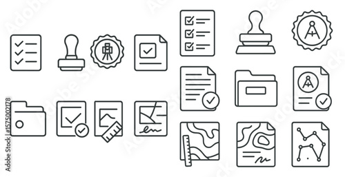 Set of icons for various office supplies, including a stamp, a check mark, a ruler, and a folder