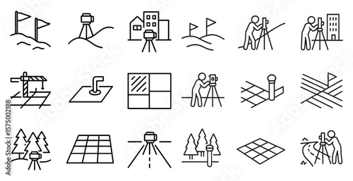 Series of drawings of people and objects that are related to surveying and mapping. The drawings include a man with a camera, a man with a flag, and a man with a tape measure