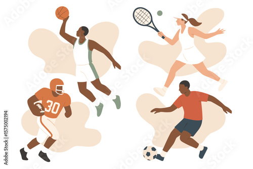 Diverse athletes engaged in various sports activities with minimalist design
