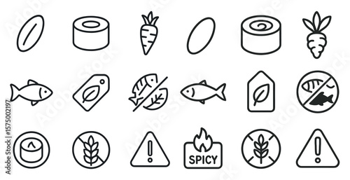 Set of food icons including fish, carrots, and a no fish sign. The icons are all in black and white