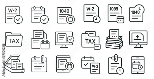 Set of icons for tax documents. The icons include a calendar, a check, a stack of papers, and a computer monitor