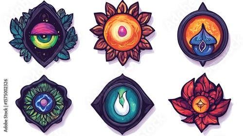 Bundle of Seven Esoteric Art Icons Set Vector Illustration