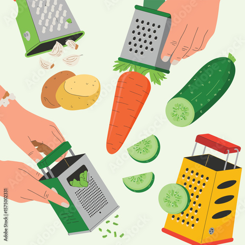Hands grating vegetables like carrots potatoes cucumbers and garlic with kitchen graters