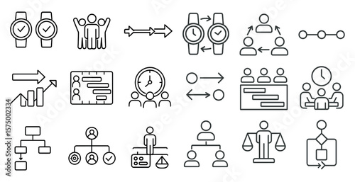 Collection of icons depicting various business and management concepts. The icons include a clock, a person with a smiley face, a person with a frowning face, a person with a thumbs up