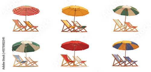 Collection of beach chairs and umbrellas in various colors and patterns