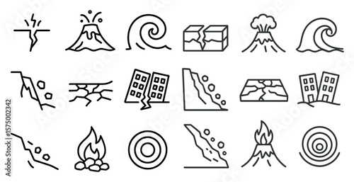 Series of icons depicting natural disasters such as earthquakes, volcanoes, and tsunamis. The icons are drawn in a simple, stylized manner, with each one representing a different type of disaster