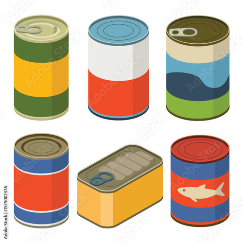 Collection of colorful isometric canned goods and food packaging on white background