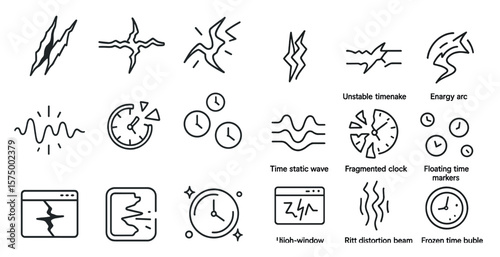 Series of clock faces with the word "time" written below them. The clocks are arranged in various positions and sizes, with some overlapping each other. Scene is one of busyness and urgency