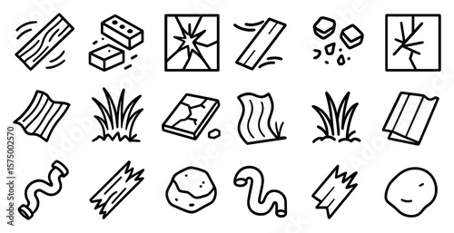 Collection of black and white icons, including a brick, a book, a piece of paper, a rock, a piece of wood, a piece of grass, a piece of cloth, a piece of metal, a piece of plastic, a piece