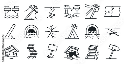 Series of black and white icons depicting various natural disasters. The icons include a house, a sign, a house with a sign, a house with a sign and a house with a sign and a sign