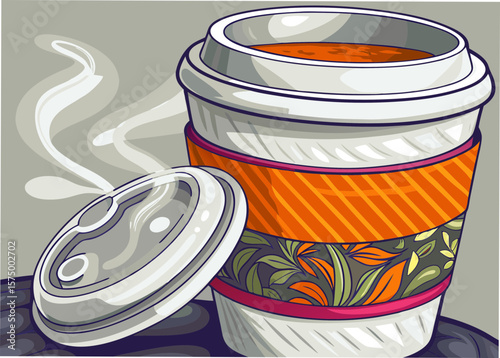 Takeout coffee illustration with cup of hot drink and open lid. Cup of hot drink with steam coming out, sitting next to its lid, making it perfect for a restaurant or cafe advertisement.