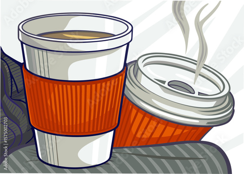 Takeout coffee, a warm beverage in disposable cup with cardboard sleeve for grip, and an opened lid beside it. Takeout coffee is steaming, presented on a blue fabric background.