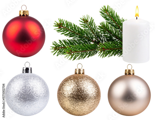set of christmas balls decoration with fir branch and candle isolated transparent