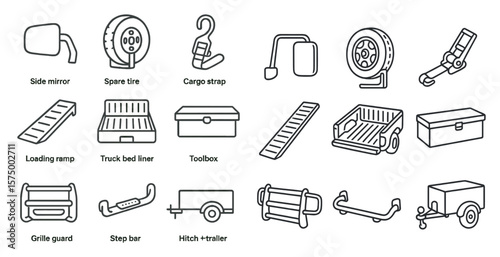 Collection of various tools and equipment for a trailer. The tools include a tire jack, a tow hitch, a trailer hitch, a trailer brake, a trailer light, a trailer mirror, a trailer bed, a trailer box