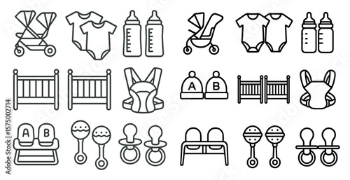 Set of baby items including a stroller, car seat, and crib. The items are all in black and white