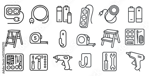 Collection of tools and electrical items. The tools include a hammer, screwdriver, and pliers. The electrical items include a power strip, extension cord, and batteries