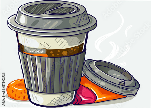 Hot coffee in paper cup with donut and candy, illustration. Hot coffee served to go, featuring sweets, ideal for breakfast treat. Enjoy hot coffee drink on bright background, great for promotion.