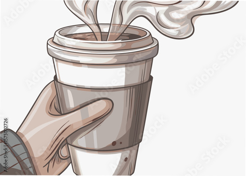 Steaming hot drink in disposable cup, hand holding takeaway drink. Steaming hot drink represents warmth and comfort on cold days, hot beverage in hand is ideal for on-the-go consumption.