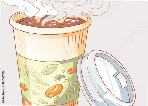 Hot coffee in a paper cup shown with an opened plastic lid, offering an inviting beverage illustration. Steaming hot coffee drink in takeaway paper cup is visually pleasing.