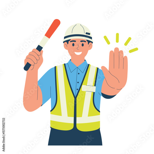 Construction worker in safety vest and hard hat holding a stop bat and signaling stop