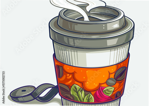 Hot drink in to-go cup, featuring artistic rendering of steaming beverage in disposable container. Hot drink concept presented through hand-drawn illustration,