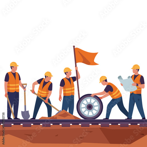 Construction workers building a railway track with tools and blueprints