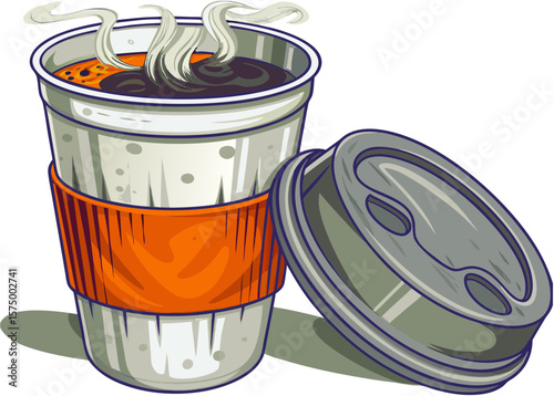 Hot coffee illustrated alongside its lid portrays warmth and aroma. Hot coffee cup features steam rising, perfect for a morning boost, break, or pick-me-up, showing the essence of hot coffee.