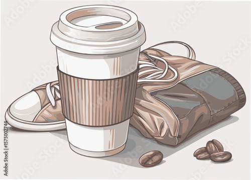 Coffee break with takeout coffee, sneakers and beans scattered around on neutral background, showing casual lifestyle. Enjoy coffee break to energize and refresh, drink served in paper cup.