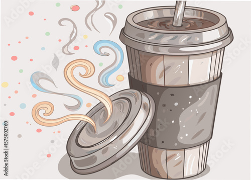 Coffee illustration in cup shown with lid off, featuring steam and a straw, with stylized details. This fresh coffee illustration shows elements of a take away drink and appealing design.