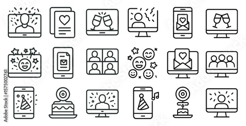 Set of icons for a party or celebration. The icons include a cake, a person with a smiley face, a person with a heart, a person with a wine glass, and a person with a cell phone