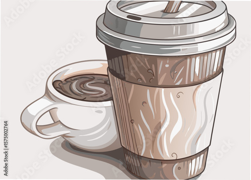 Coffee drink illustrates a take-out coffee cup and a ceramic mug. A coffee drink shows design elements in a vector style, with rich brown liquid and beige tones, offering visual appeal.