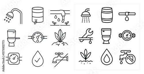 Set of icons for plumbing and water systems. The icons include a shower, a toilet, a faucet, a water meter, and a barrel