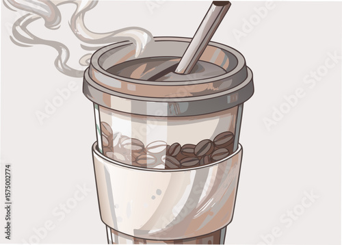 Coffee cup illustration with hot drink and coffee beans. This Coffee cup illustration visualizes steamy drink in transparent plastic cup with coffee beans and straw.